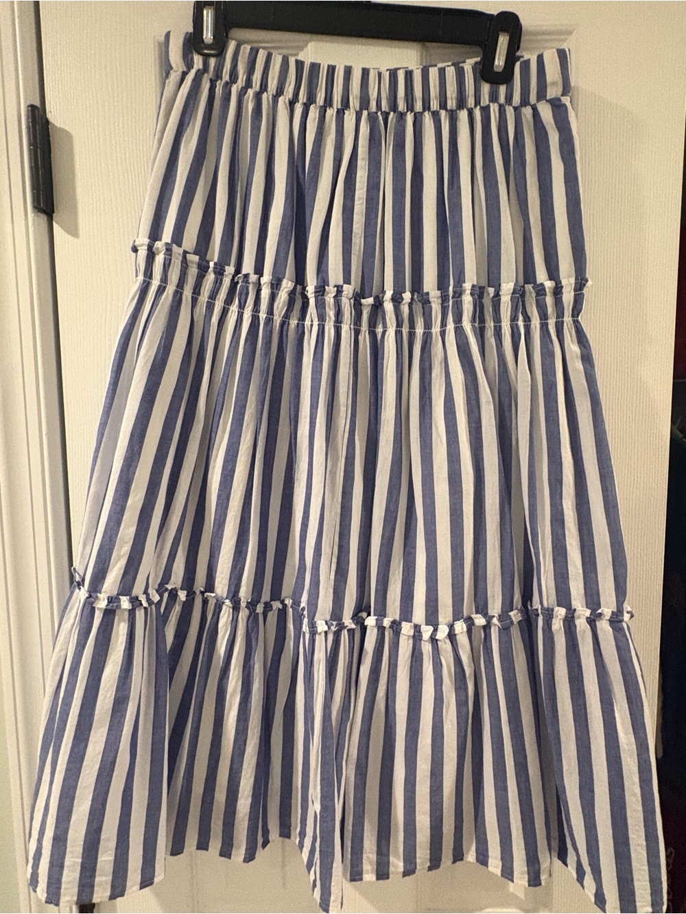 J. Crew Blue and White Striped Tiered Midi Skirt